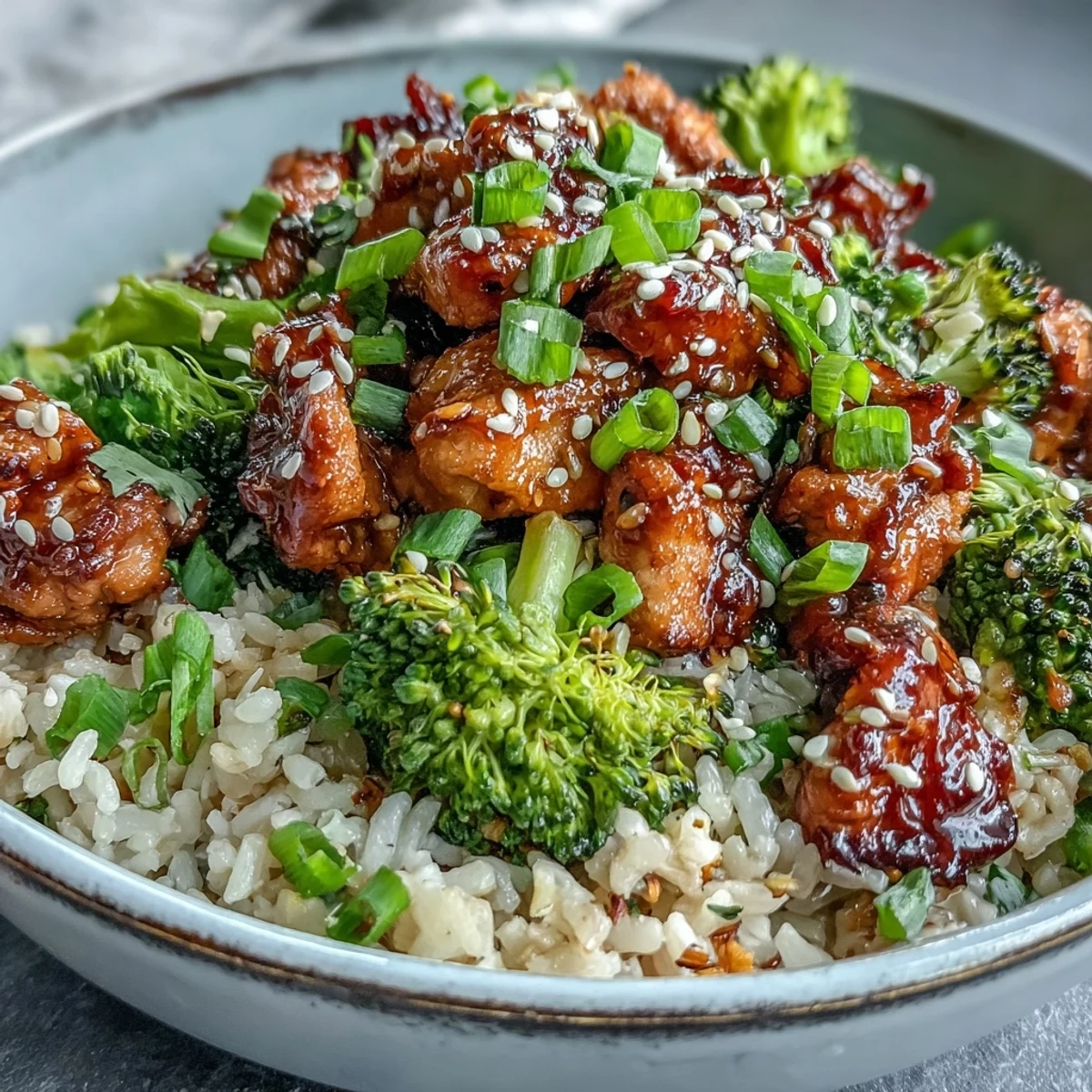 Fragrant ginger and garlic turkey glazed in fiery honey-sriracha sauce, served over brown rice with steamed broccoli and sesame seeds. 