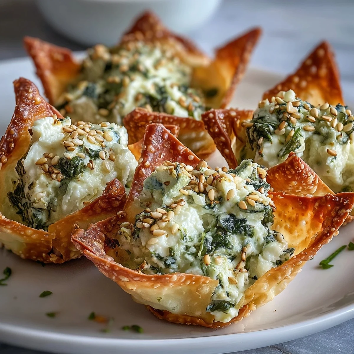 Freshly baked Mediterranean Spinach and Feta Cheese Crisps featuring golden wonton cups and a creamy filling garnished with paprika.
