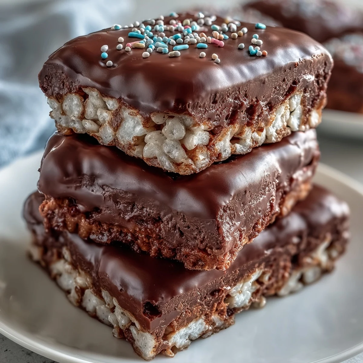 Glazed Chocolate Covered Rice Krispy Treats stacked high, with rainbow sprinkles adding a crunchy, festive finish.