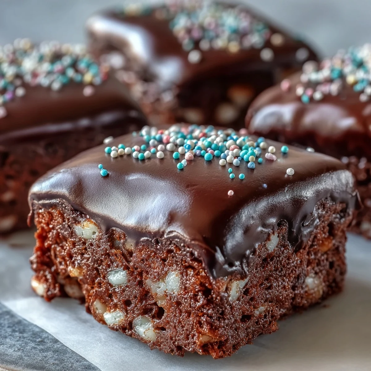 A close-up of a Chocolate Covered Rice Krispy Treats square, showing a thick, glossy chocolate layer over the crispy base.