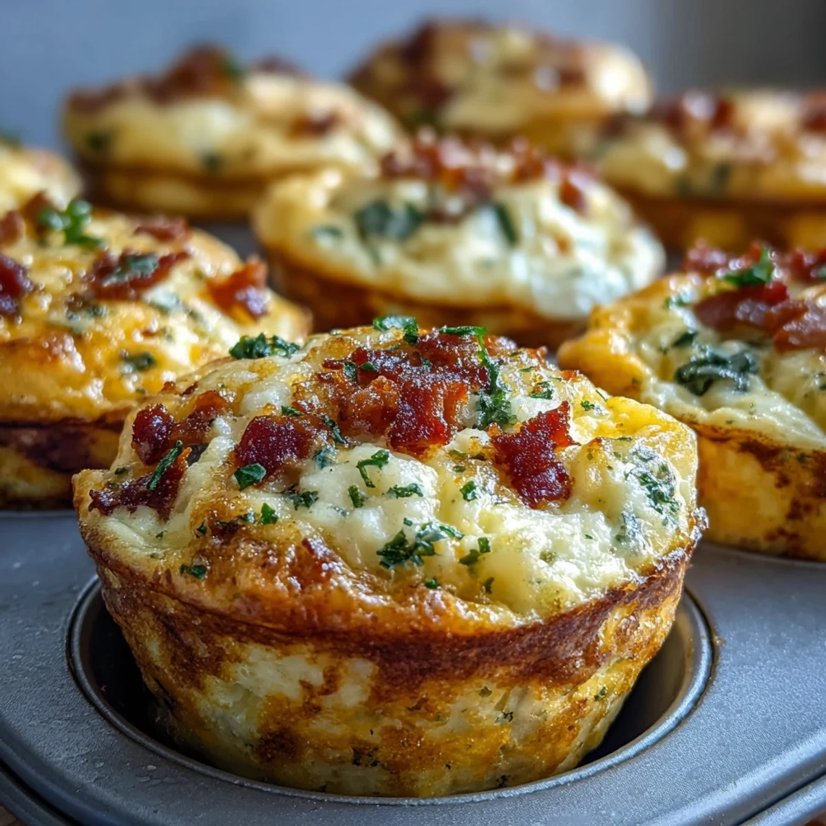 Golden-brown Breakfast Egg Muffins with melted cheddar cheese and crumbled bacon peeking out from a muffin tin.
