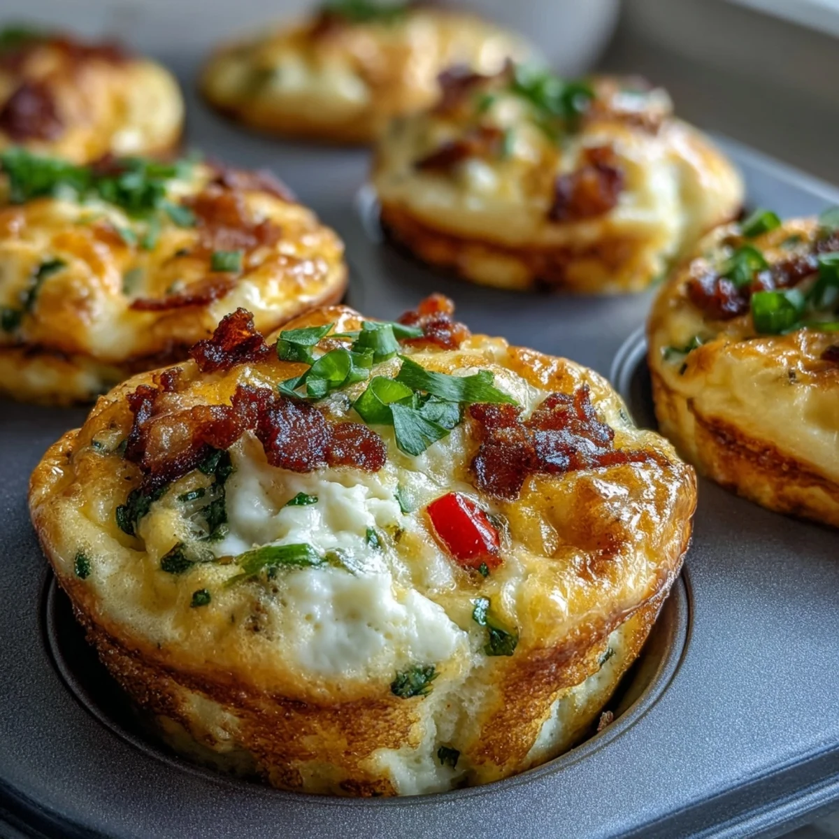 Freshly baked Breakfast Egg Muffins served warm on a plate with a side of salsa and a dollop of sour cream.