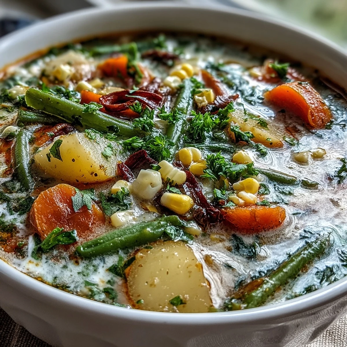 Cozy pot of Amish Snow Day Soup featuring carrots, potatoes, and corn in a velvety, herb-infused broth.