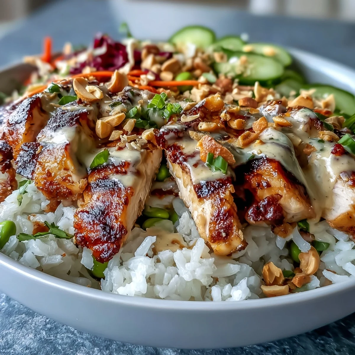 Fluffy coconut rice topped with juicy grilled chicken, crisp veggies, and creamy peanut sauce in a vibrant bowl.