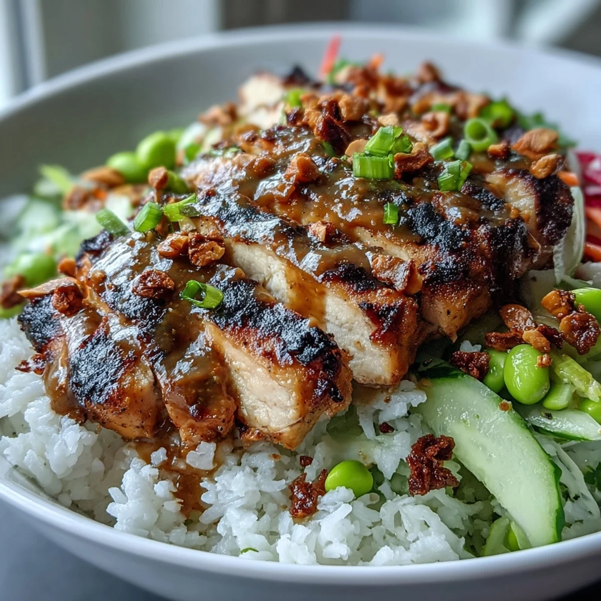 Colorful bowl of coconut rice, grilled chicken, fresh veggies, and drizzled peanut sauce for a fusion meal.