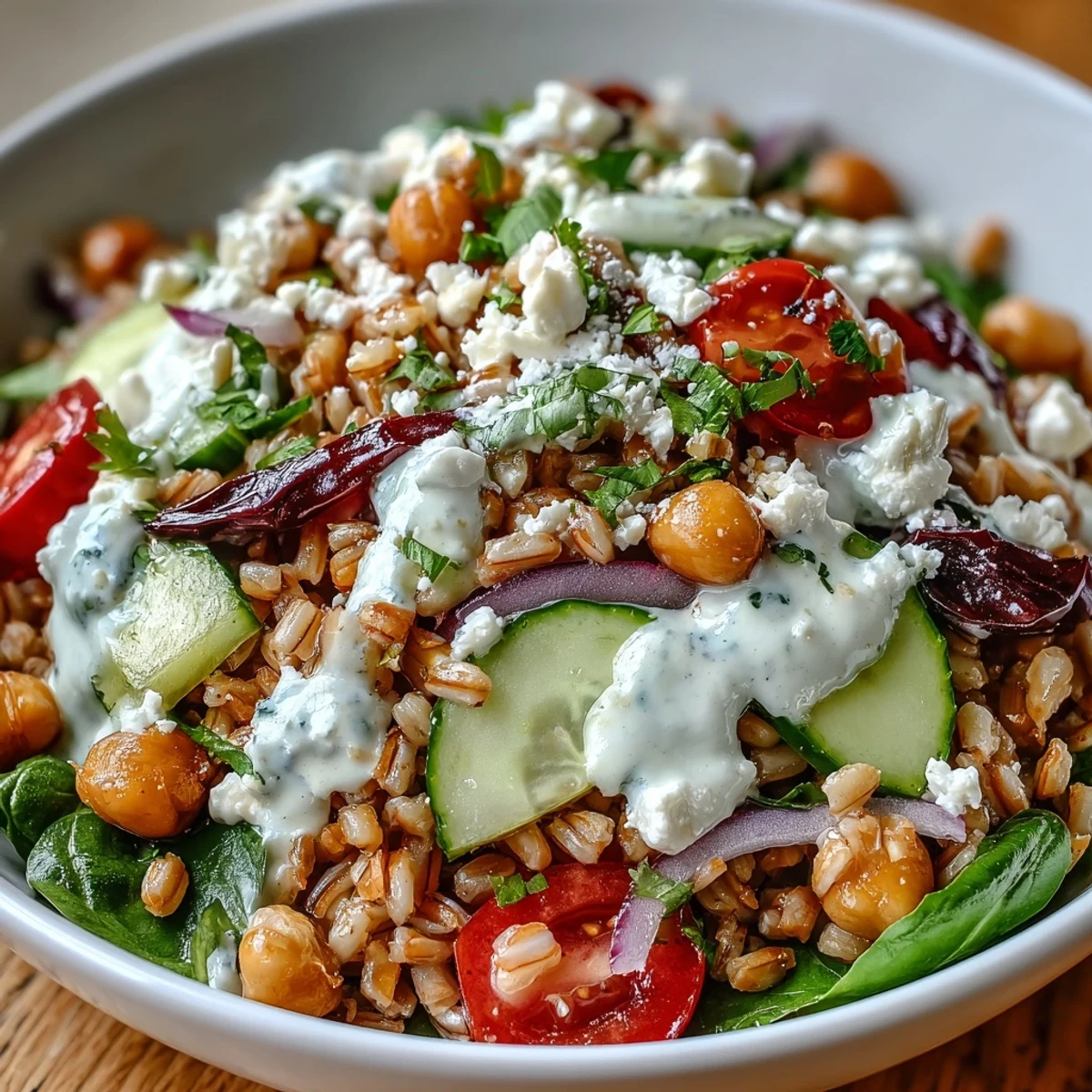 Delicious Mediterranean Farro Bowl, ready to be enjoyed with fresh herbs.