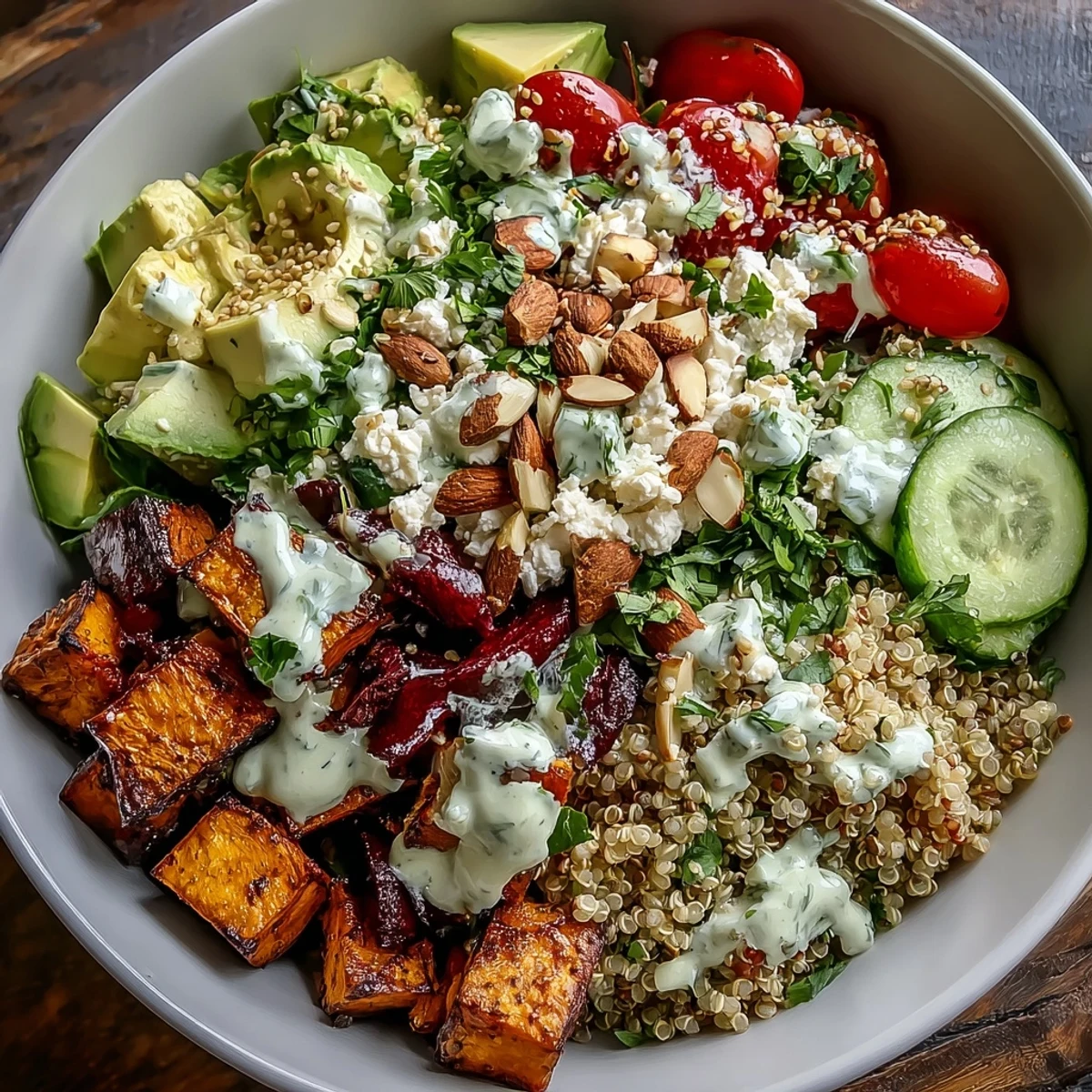 A vibrant customizable grain bowl filled with fluffy quinoa, roasted sweet potatoes, and fresh vegetables, drizzled with tahini dressing.