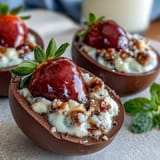 Dubai Chocolate Strawberry Easter Eggs with Crunch Filling, golden-topped and glossy, sit on a pastel platter surrounded by fresh strawberries and mint.