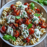 Vibrant summer Caprese pasta, rich with burrata, basil, and juicy tomatoes.