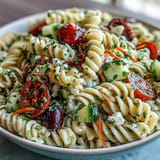 A chilled bowl of Memorial Day Pasta Salad featuring colorful, fresh ingredients and Italian dressing.