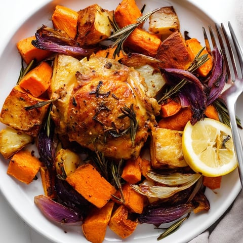 One-Pan Herb-Roasted Chicken with Root Vegetables featuring golden thighs nestled among caramelized, aromatic veggies.