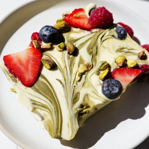 Creamy, swirled Frozen Yogurt Bark topped with vibrant berries and crunchy pistachios, a cool treat.