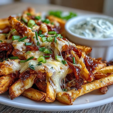 Golden crispy Cheesy BBQ Fries with Ranch Dip, piled high with melted cheddar and fresh green onions.