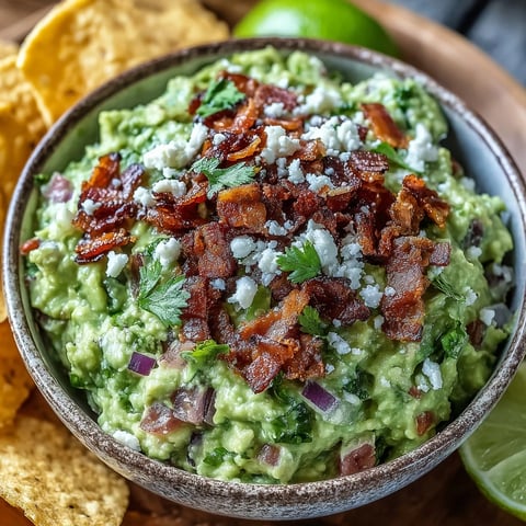 Crispy bacon crumbles and white Cotija cheese top a bowl of creamy Bacon Guacamole With Cotija Cheese, with lime wedges nearby.