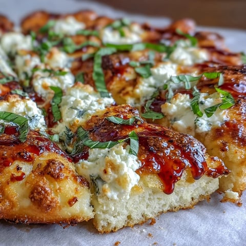 Golden-brown Hot Honey Ricotta Pizza slices with melted mozzarella, fresh basil, and a glossy drizzle of spicy honey.