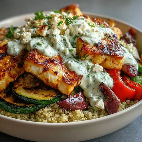 Grilled chicken rests on quinoa in a Healthy Grilled Mediterranean Bowl, topped with tzatziki and feta.