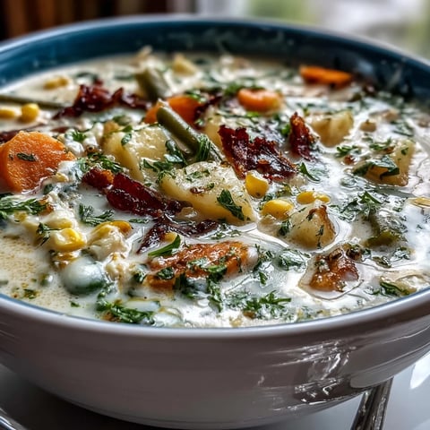 Creamy Amish Snow Day Soup with tender vegetables and fragrant thyme served steaming in a rustic bowl.