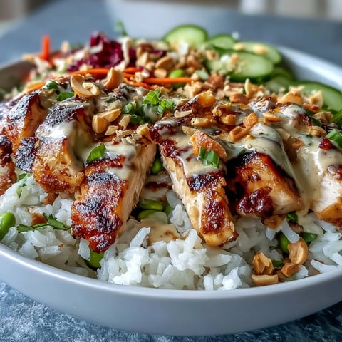 Fluffy coconut rice topped with juicy grilled chicken, crisp veggies, and creamy peanut sauce in a vibrant bowl.