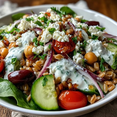 Hearty Mediterranean Farro Bowl with vibrant vegetables and creamy tahini dressing.
