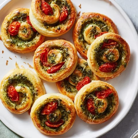 Close-up of baked Savory Sun-Dried Tomato and Pesto Palmiers, showing flaky pastry and flavorful filling.