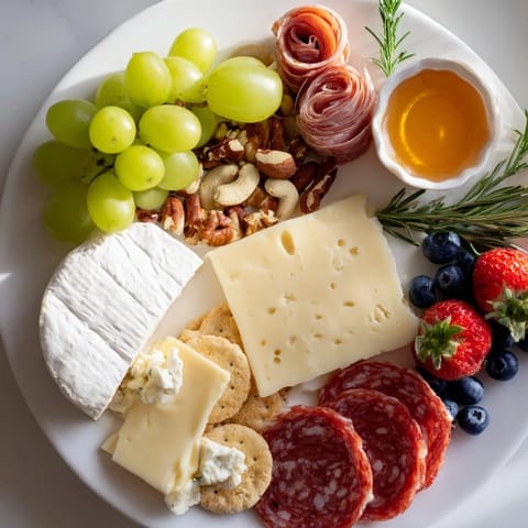 A close-up shot of a Quick Charcuterie snack board showcasing fresh components and various textures.