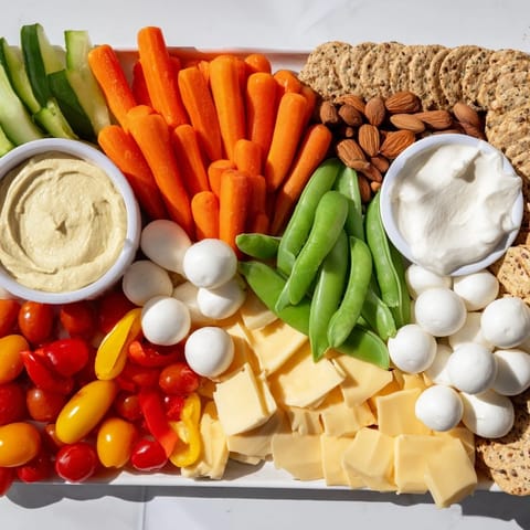 A colorful Veggie Snack Board showcasing fresh vegetables, cheeses, and dips, perfect for lunch.