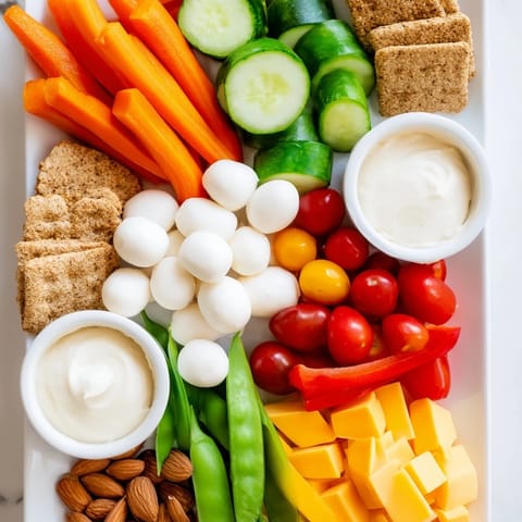 Vibrant Veggie Snack Board – Adult Lunchable, a beautiful spread with crunchy crackers and olives.