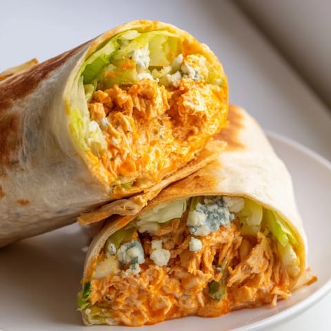 A close-up of a perfectly grilled Buffalo Chicken Dip Wrap, showing the delicious, melty cheese inside.