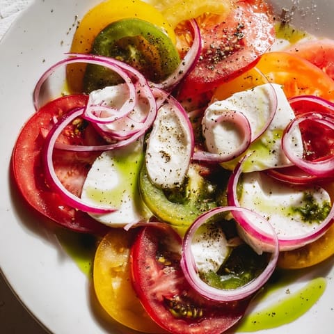 Vibrant Summer Tomato Salad showcases colorful tomato slices, creamy mozzarella, and fragrant basil oil.