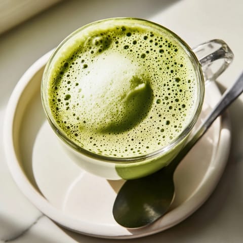 A close-up of a refreshing matcha latte: vivid green hue with a fluffy, frothy cold foam.