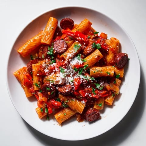 Close-up of freshly made Spanish Chorizo Pasta, garnished with parsley and ready to eat now.