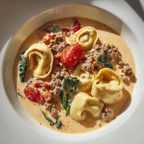 Close-up of Tortellini Beef Soup garnished with fresh basil and melted Parmesan beside crusty artisan bread.  