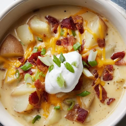 Spoon lifting a ladle of Loaded Baked Potato Soup, revealing tender potato chunks and melted cheddar in a velvety, golden broth.