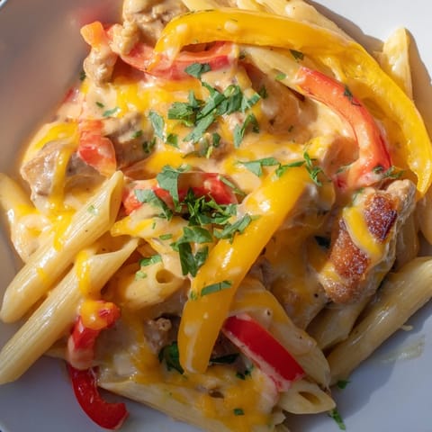 Steaming Chicken Fajita Pasta Skillet served with lime wedges, perfect for a busy weeknight dinner table.