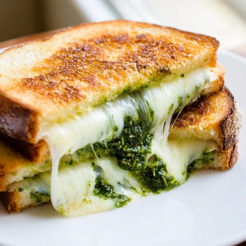 Spinach pesto grilled cheese sandwich cut in half, revealing gooey cheese and herbaceous filling.  