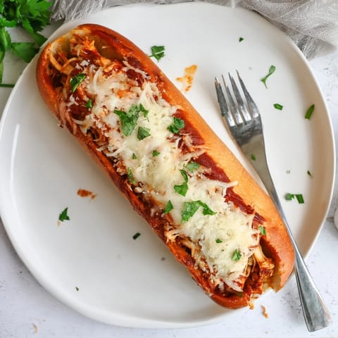 Golden garlic bread boats filled with tender chicken marinara and gooey mozzarella, baked until bubbly.