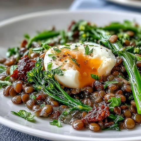 Warm French lentil salad topped with bright green broccolini and halved soft-cooked eggs with jammy yolks.