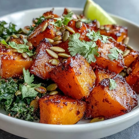 Roasted Sweet and Spicy Red Kuri Squash Bowl garnished with pepitas and fresh cilantro.