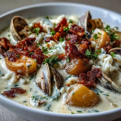 Steaming pot of homemade New England Clam Chowder, filled with rich broth, celery, onions, and salt pork, bubbling on the stove.