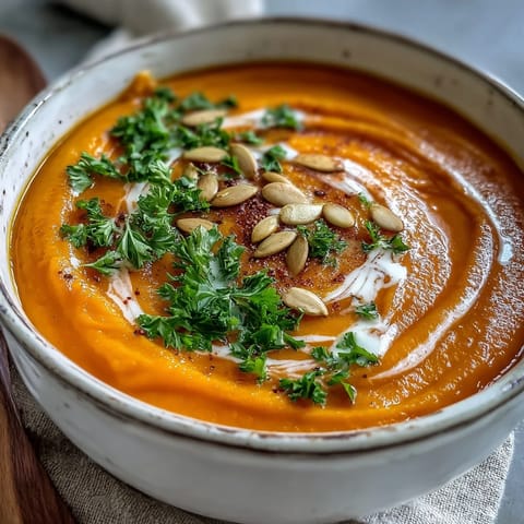 Vibrant orange Carrot Ginger Soup blended smooth, topped with toasted pumpkin seeds and a slice of crusty bread. 