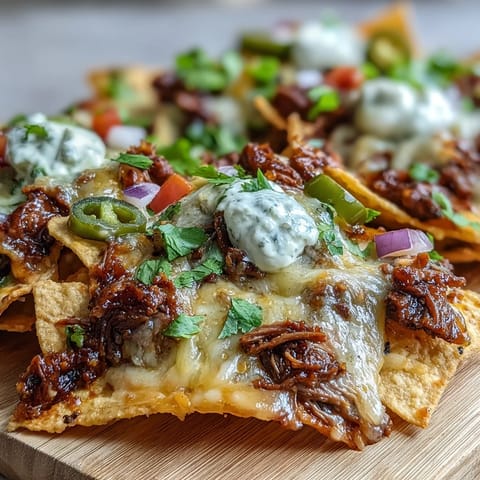 Loaded BBQ Beef Nachos featuring smoky beef, gooey cheese, diced tomatoes, and red onions, perfect for a fun game day appetizer spread.
