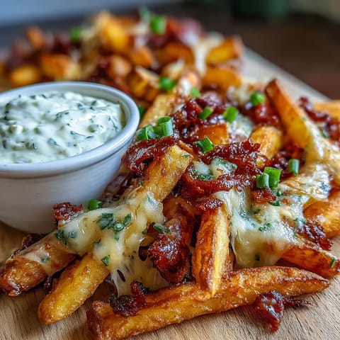 Plate of Cheesy BBQ Fries with Ranch Dip, smoky seasoned fries smothered in gooey melted cheese.
