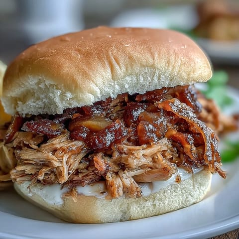 Shredded Applesauce Pulled Pork Sandwiches stuffed with tender meat and creamy coleslaw for dinner.