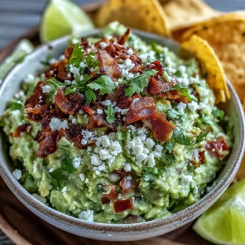 A close-up shows guacamole with Cotija cheese and bacon bits beside blue corn tortilla chips and a cold Mexican lager.