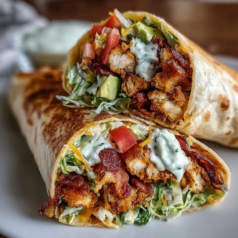 Crispy Chicken Bacon Wrap filled with creamy avocado, diced tomato, and tangy sauce, sliced to show layers on a rustic plate.