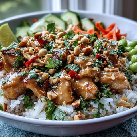 A vibrant Thai Peanut Chicken Bowl with coconut rice, crisp veggies, and creamy peanut sauce.