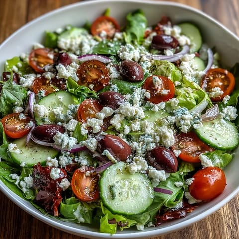 Fresh Mediterranean Green Salad Bowl in a white bowl brims with crisp greens, tomatoes, cucumber, olives, and crumbled feta.