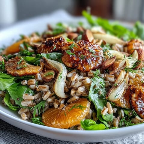 Serving suggestion for the Farro Salad Bowl with Fennel, Oranges & Almonds, plated on a white dish with zesty vinaigrette drizzled over greens.