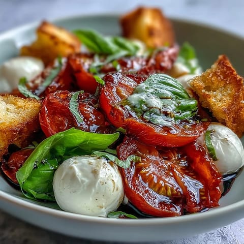 Crispy toasted bread cubes scattered over a Caprese Salad Bowl with mozzarella, tomatoes, and balsamic drizzle. 