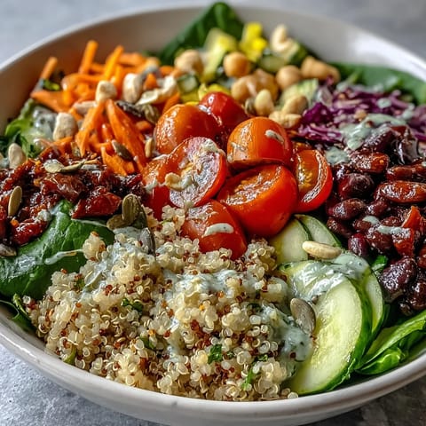 Nutrient-packed vegan rainbow salad bowl with crunchy nuts, seeds, and colorful vegetables, served as a wholesome main dish.
